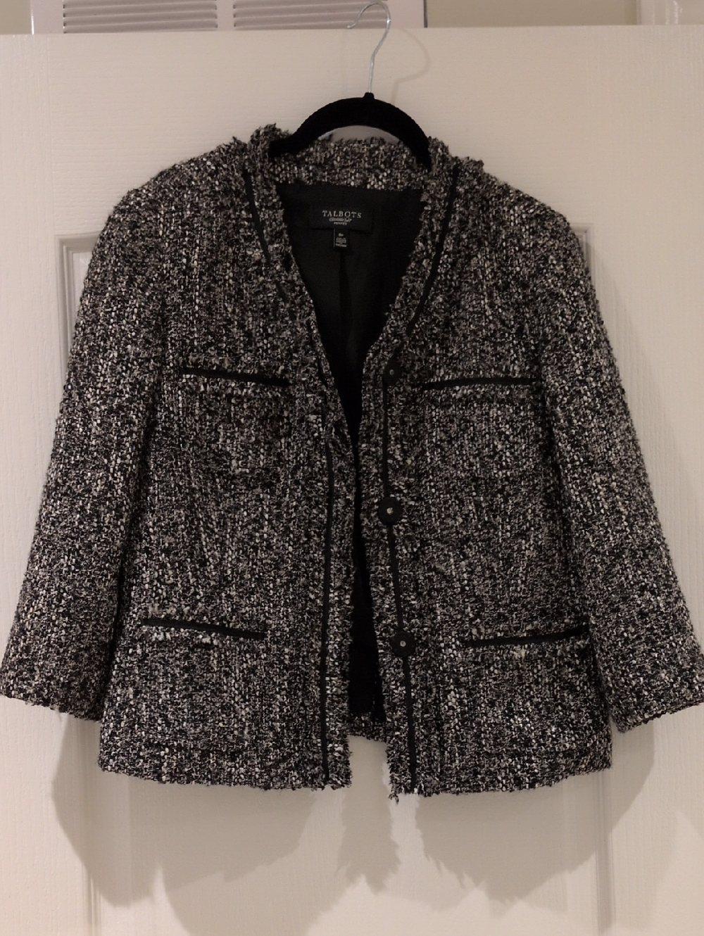 Talbots Black and White Tweed Blazer with Fringe Trim